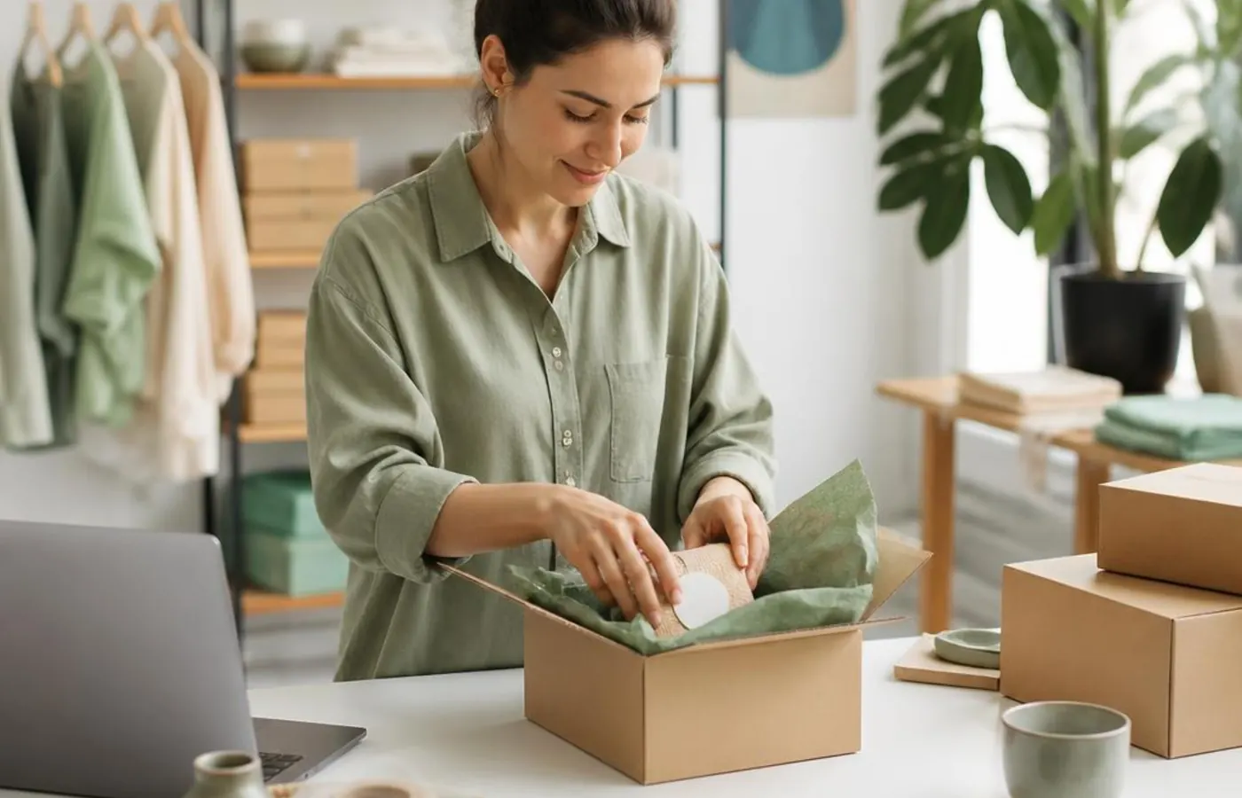 An independent online retailer carefully packing a customer order in a bright studio