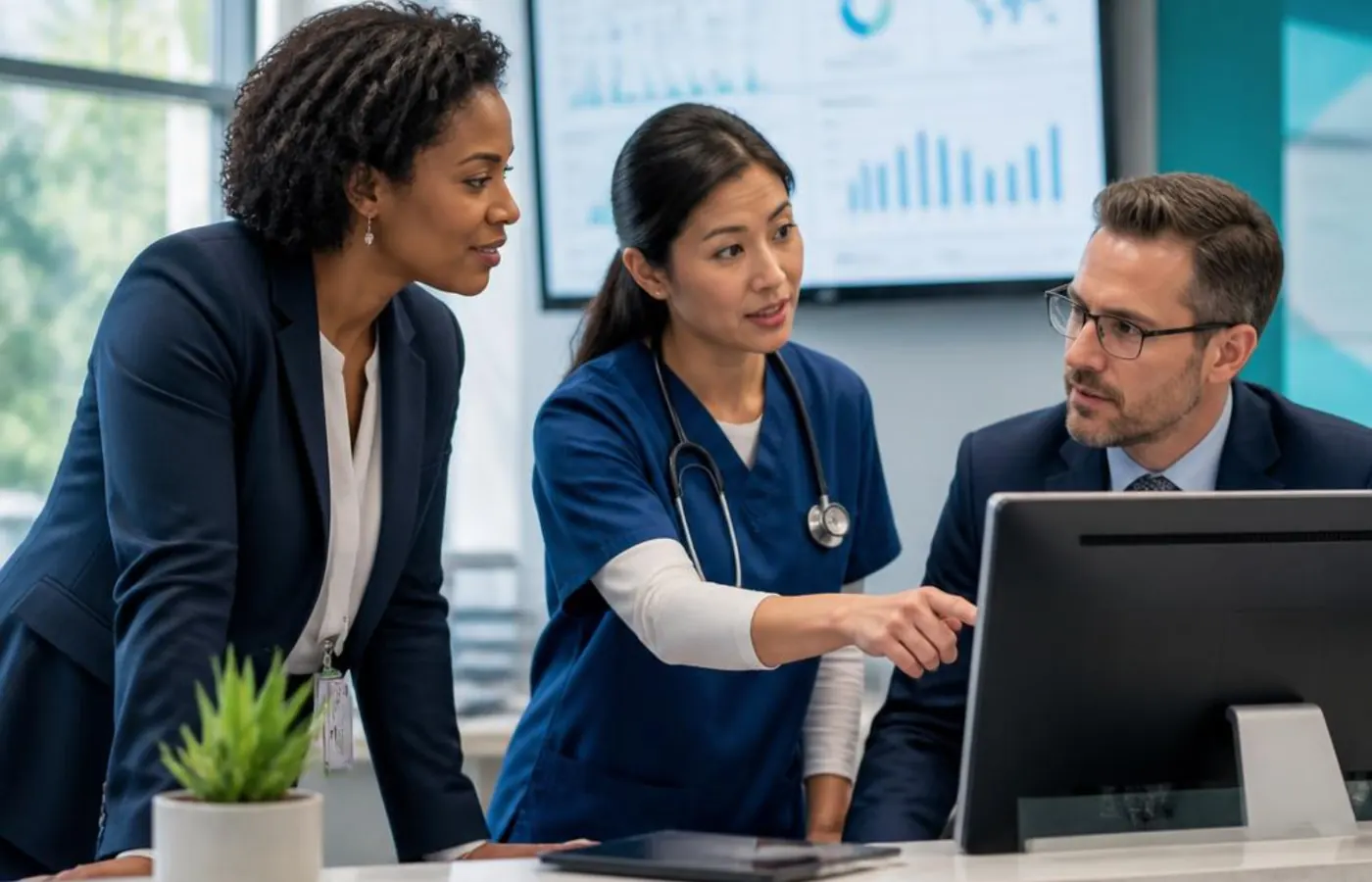 Healthcare professionals discussing service information at a workstation without patient data
