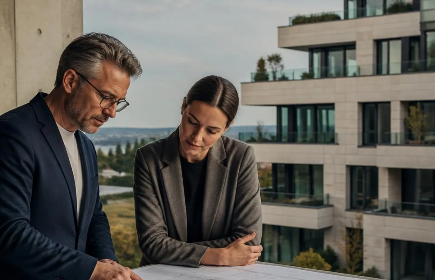 A property developer and architect reviewing plans near a modern residential building